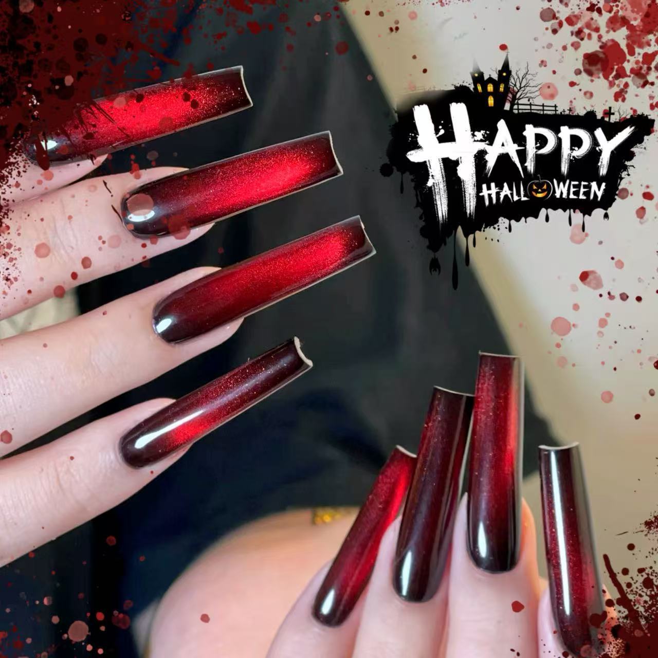 24Pcs Red Ombre Glass Bead Cat Eye Long Square Press On Nails, Sparkly Premium Texture False Nails for Women