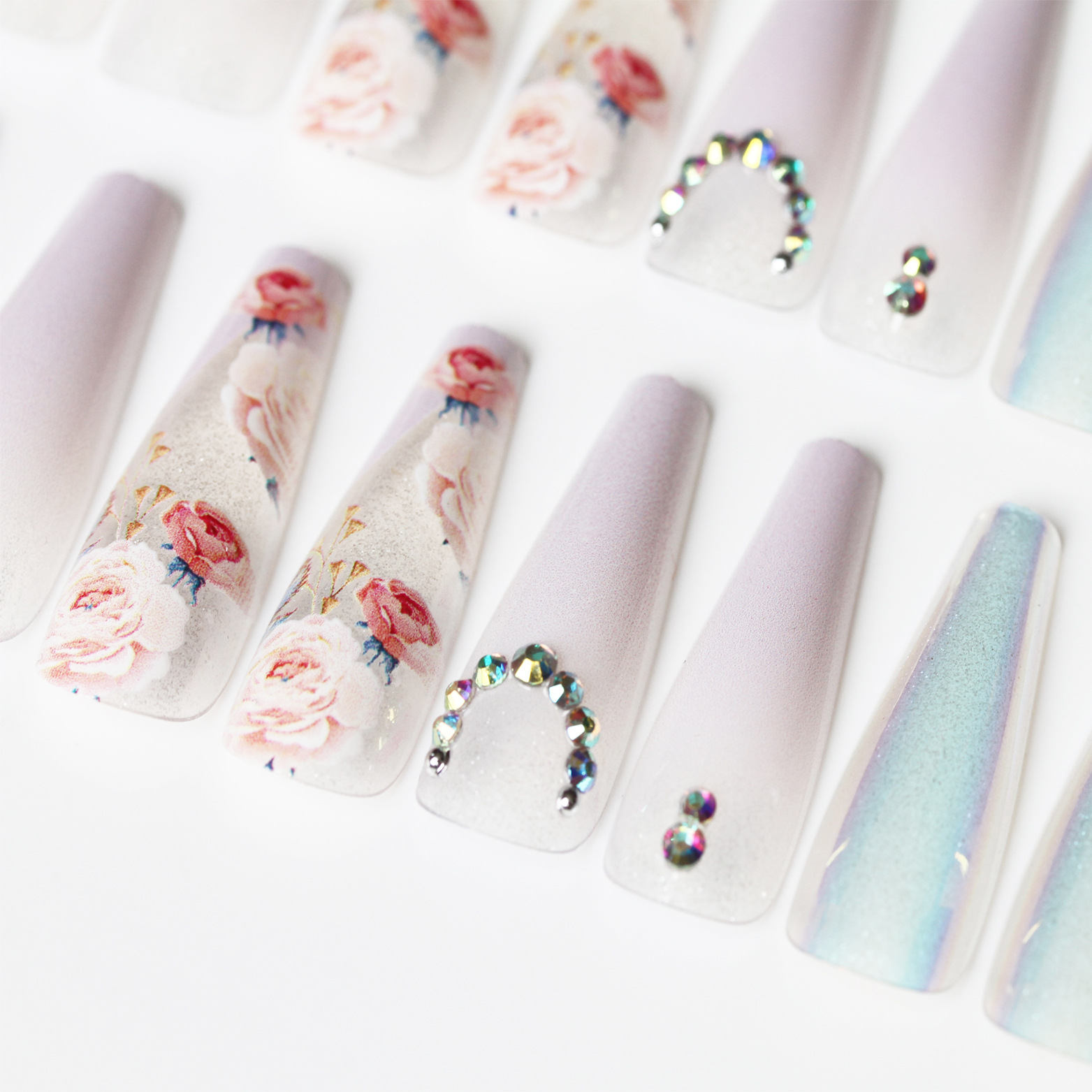 30Pcs Press-On False Nail Set, Boxed with Full Accessories, Long Coffin Shape Nail Tips, Rhinestone/Printed Design, Reusable view 9