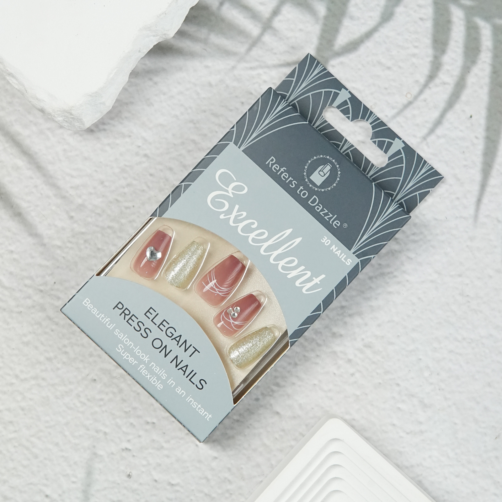 30Pcs Press-On False Nail Set, Boxed with Full Accessories, Long Coffin Shape Nail Tips, Rhinestone/Printed Design, Reusable view 7