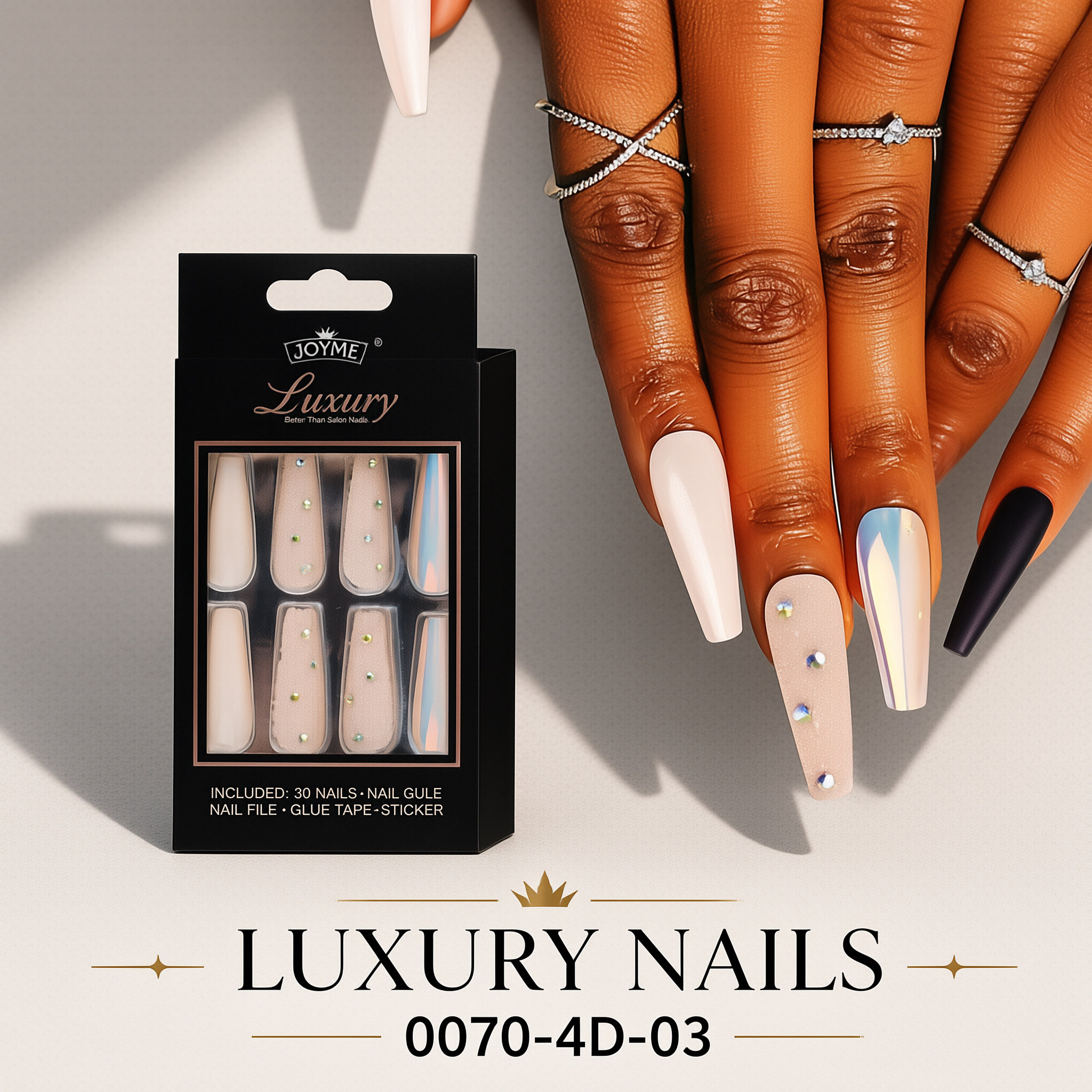 30Pcs Press-On False Nail Set, Boxed with Full Accessories, Long Coffin Shape Nail Tips, Rhinestone/Printed Design, Reusable view 7