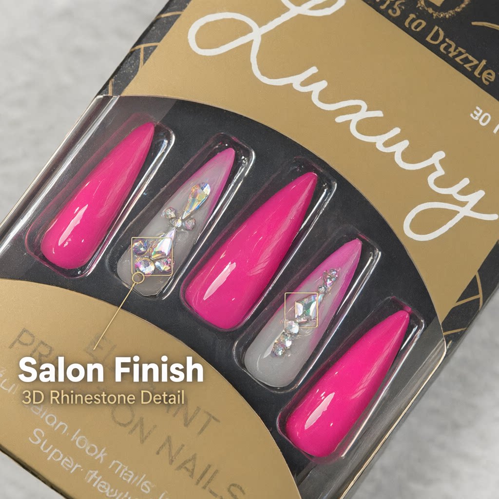 30Pcs Press-On False Nail Set, Boxed with Full Accessories, Long Coffin Shape Nail Tips, Rhinestone/Printed Design, Reusable view 3