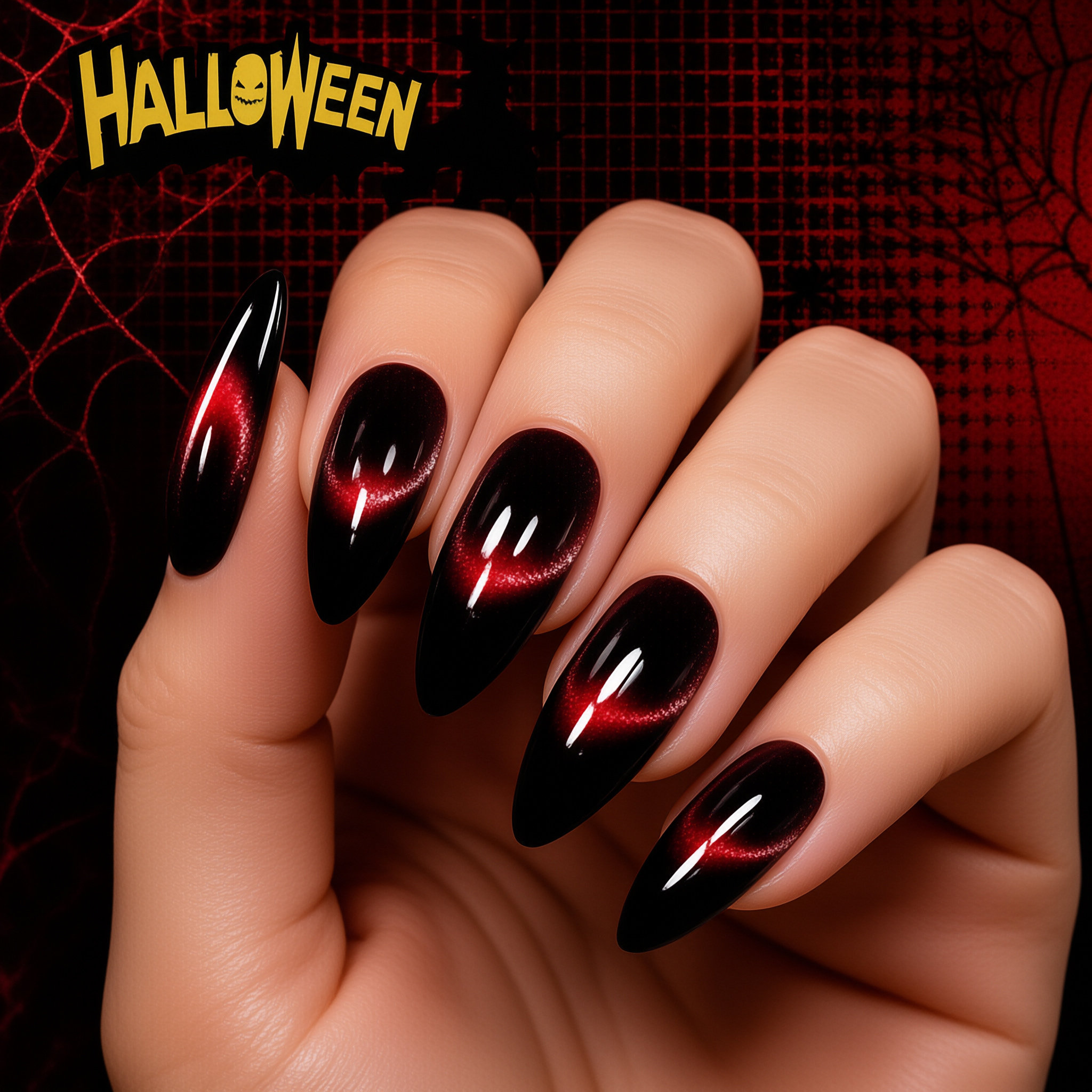 24Pcs New Fall Winter Black Red Smile Line Cat Eye Press On Nails, Sparkly Luxury Minimalist Medium Square False Nails for Women view 4