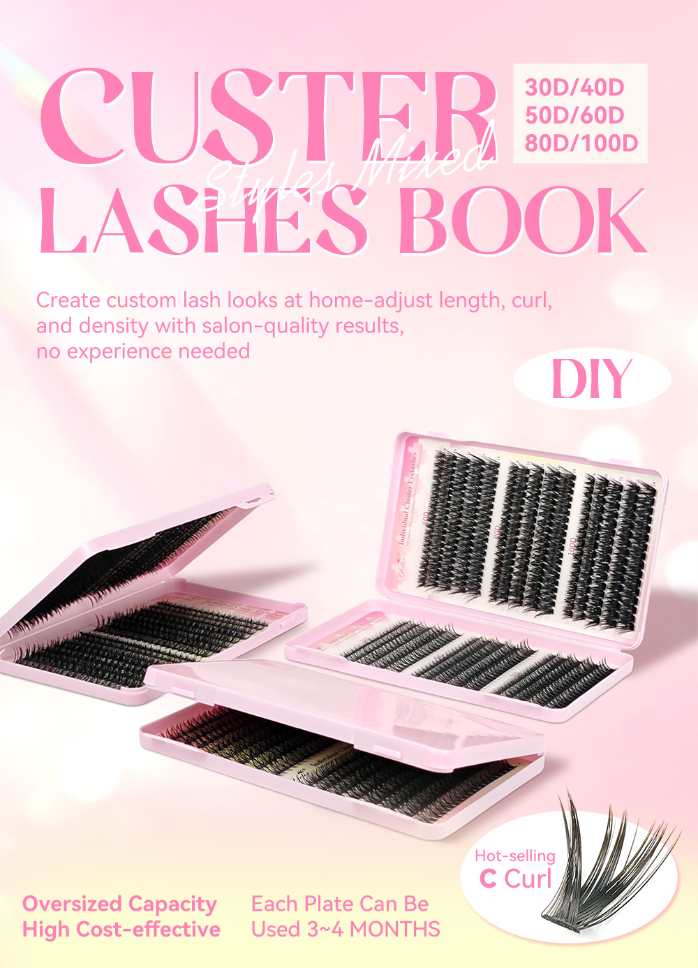 Multi‑Density Lash Book 30D‑100D Mixed Individual Lashes 3 Styles 600‑640 Clusters Full DIY Lash Kit with Tweezers, Glue & Remover