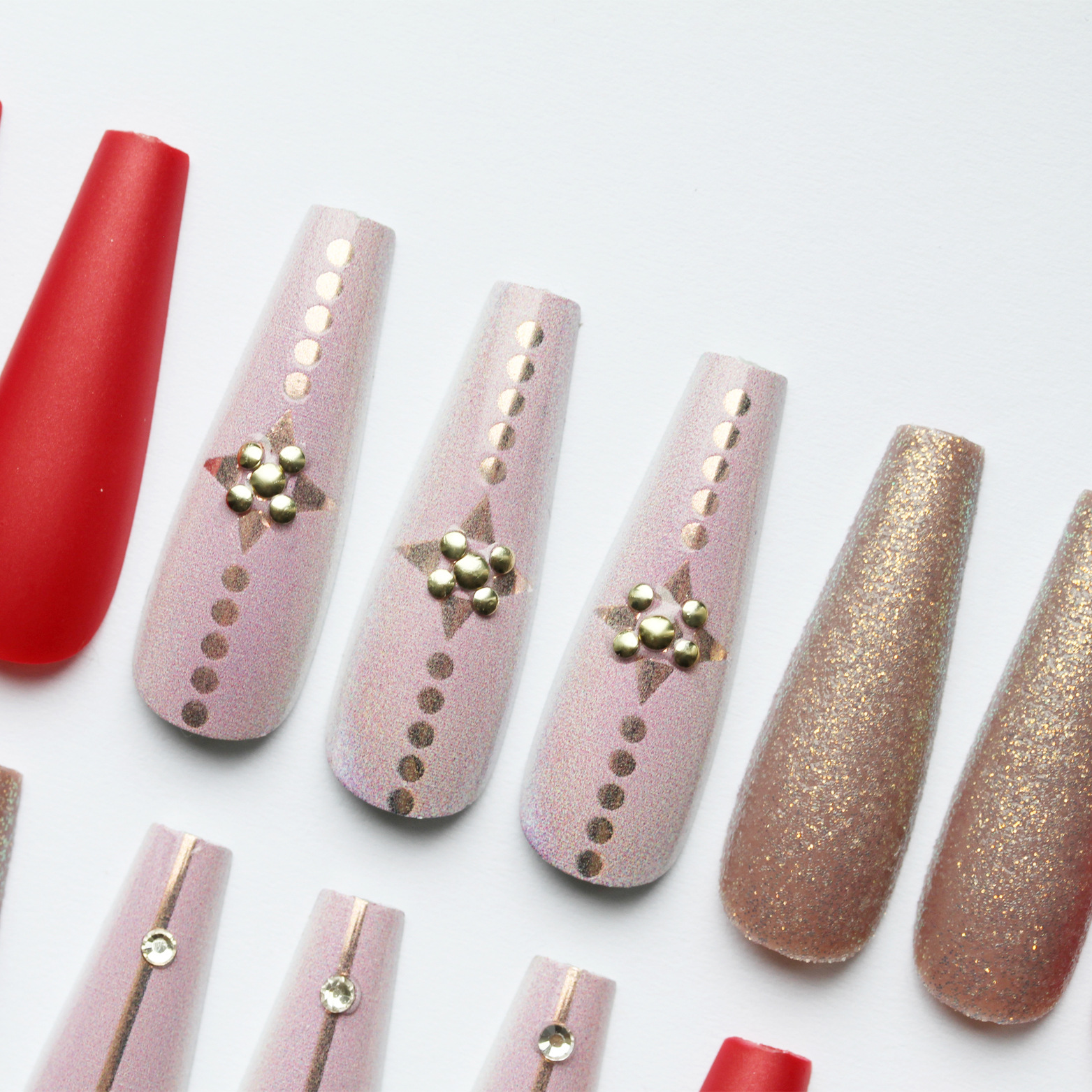 30Pcs Press-On False Nail Set, Boxed with Full Accessories, Long Coffin Shape Nail Tips, Rhinestone/Printed Design, Reusable view 10