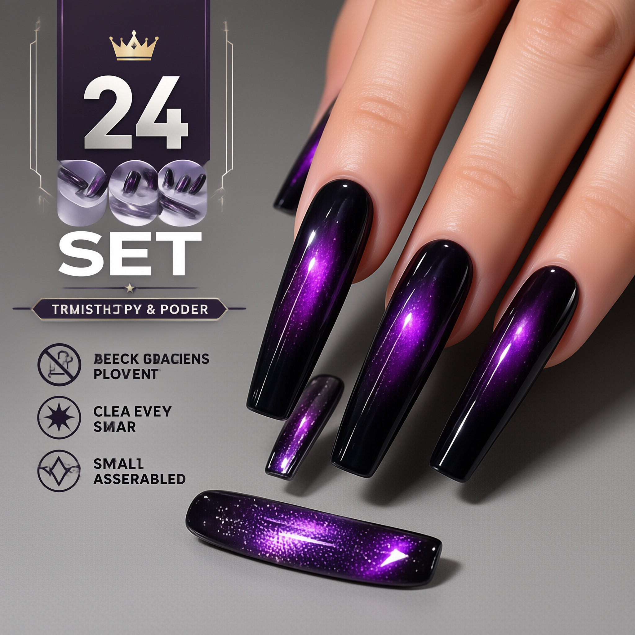24Pcs Long Square Tube Press On Nails, Purple Black Ombre Glass Bead Cat Eye, Super Sparkly False Nails for Women