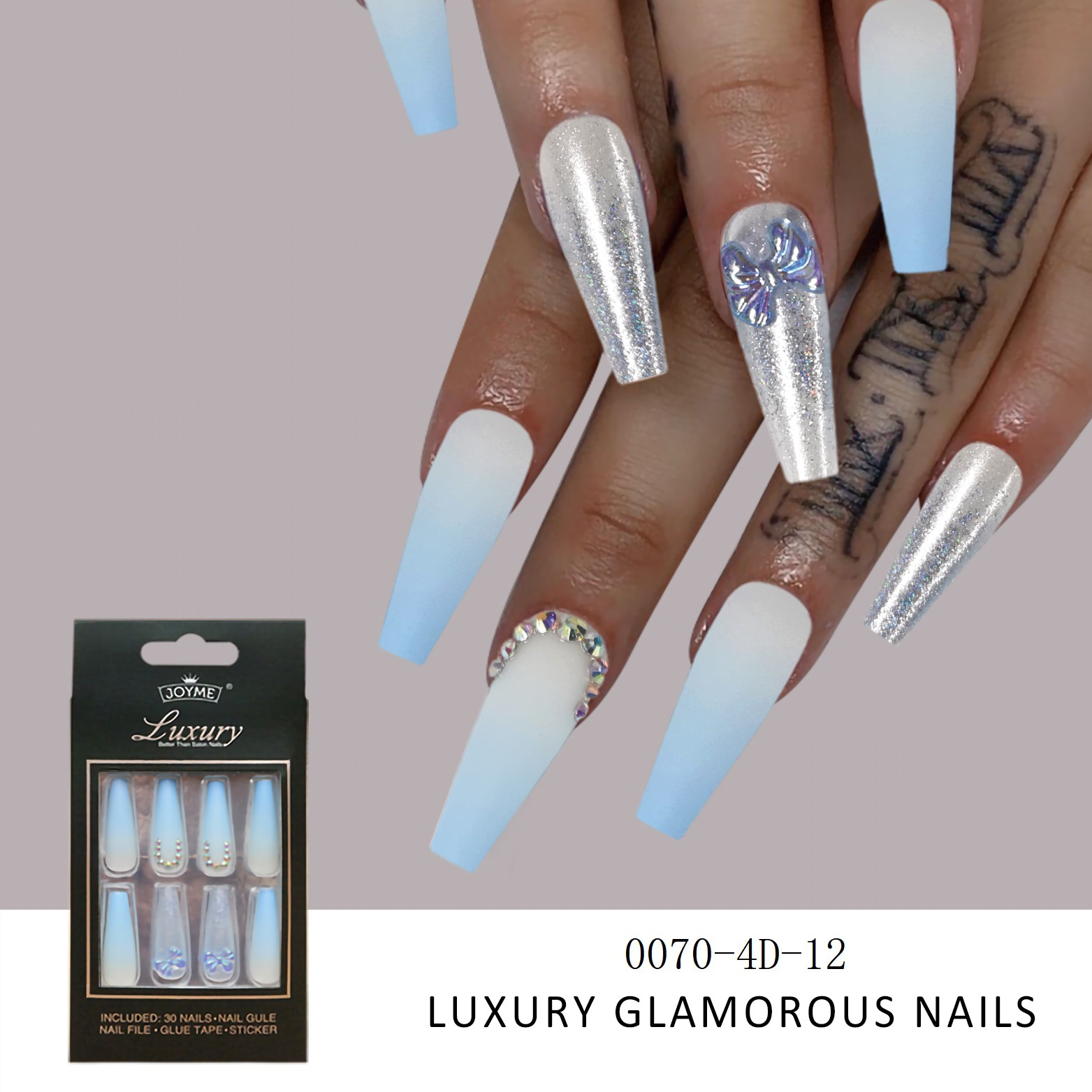 30Pcs Press-On False Nail Set, Boxed with Full Accessories, Long Coffin Shape Nail Tips, Rhinestone/Printed Design, Reusable view 8