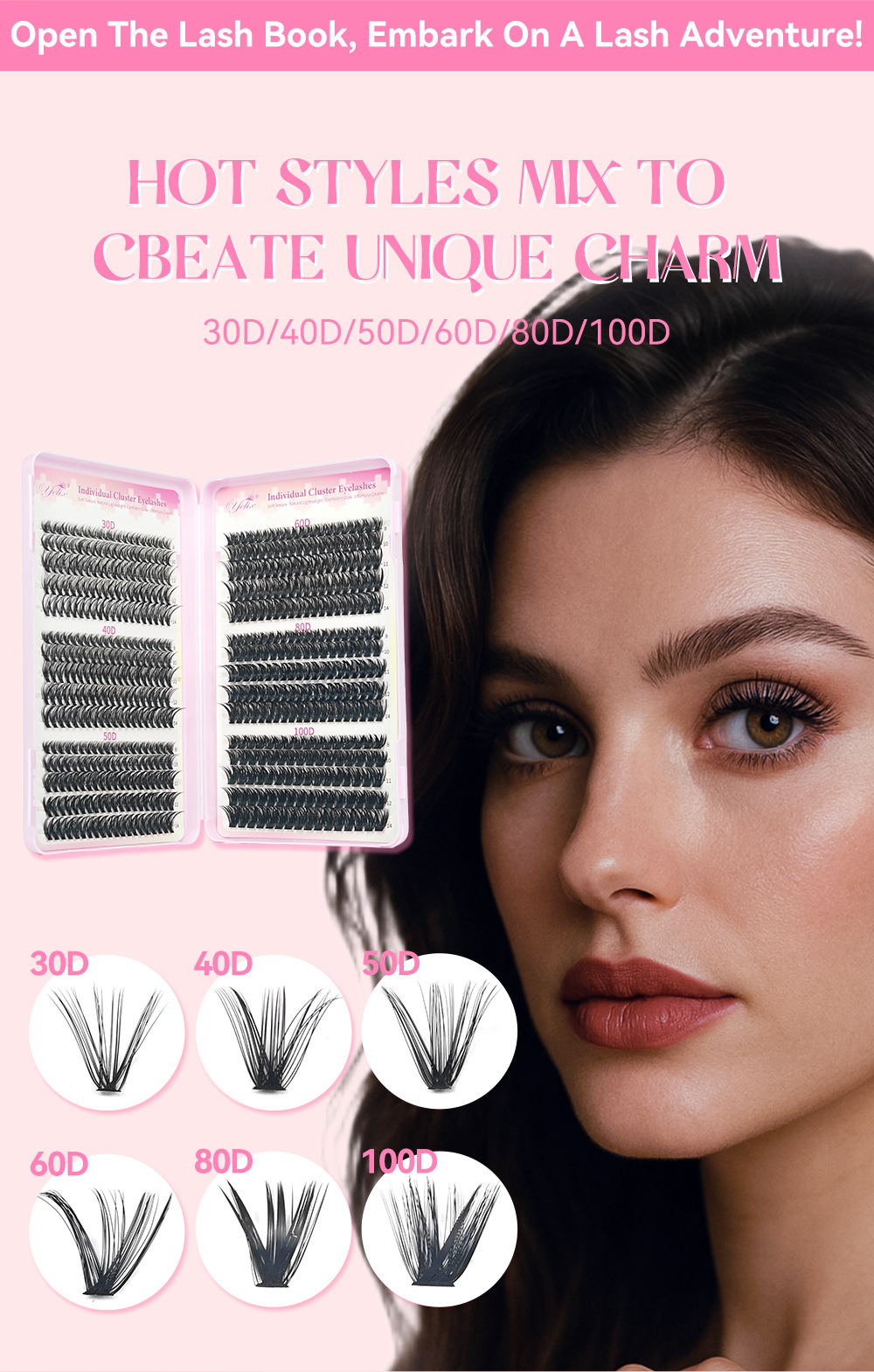 Multi‑Density Lash Book 30D‑100D Mixed Individual Lashes 3 Styles 600‑640 Clusters Full DIY Lash Kit with Tweezers, Glue & Remover