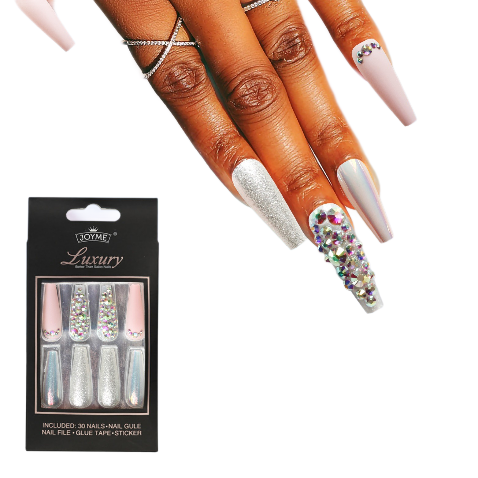 30Pcs Press-On False Nail Set, Boxed with Full Accessories, Long Coffin Shape Nail Tips, Rhinestone/Printed Design, Reusable view 6