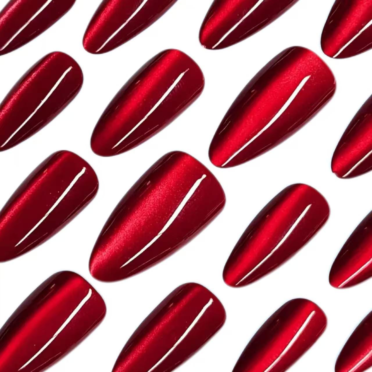 24Pcs Red Sparkly Cat Eye Press On Nails, Halloween Hot Style Exquisite Almond False Nails for Women view 9