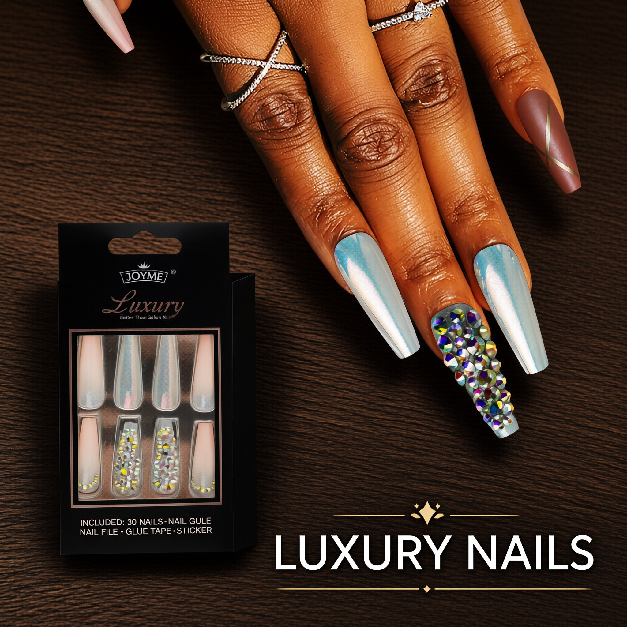 30Pcs Press-On False Nail Set, Boxed with Full Accessories, Long Coffin Shape Nail Tips, Rhinestone/Printed Design, Reusable