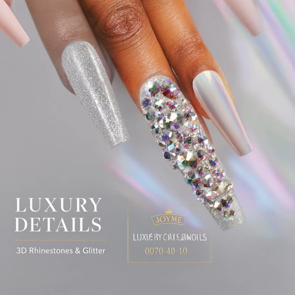 30Pcs Press-On False Nail Set, Boxed with Full Accessories, Long Coffin Shape Nail Tips, Rhinestone/Printed Design, Reusable