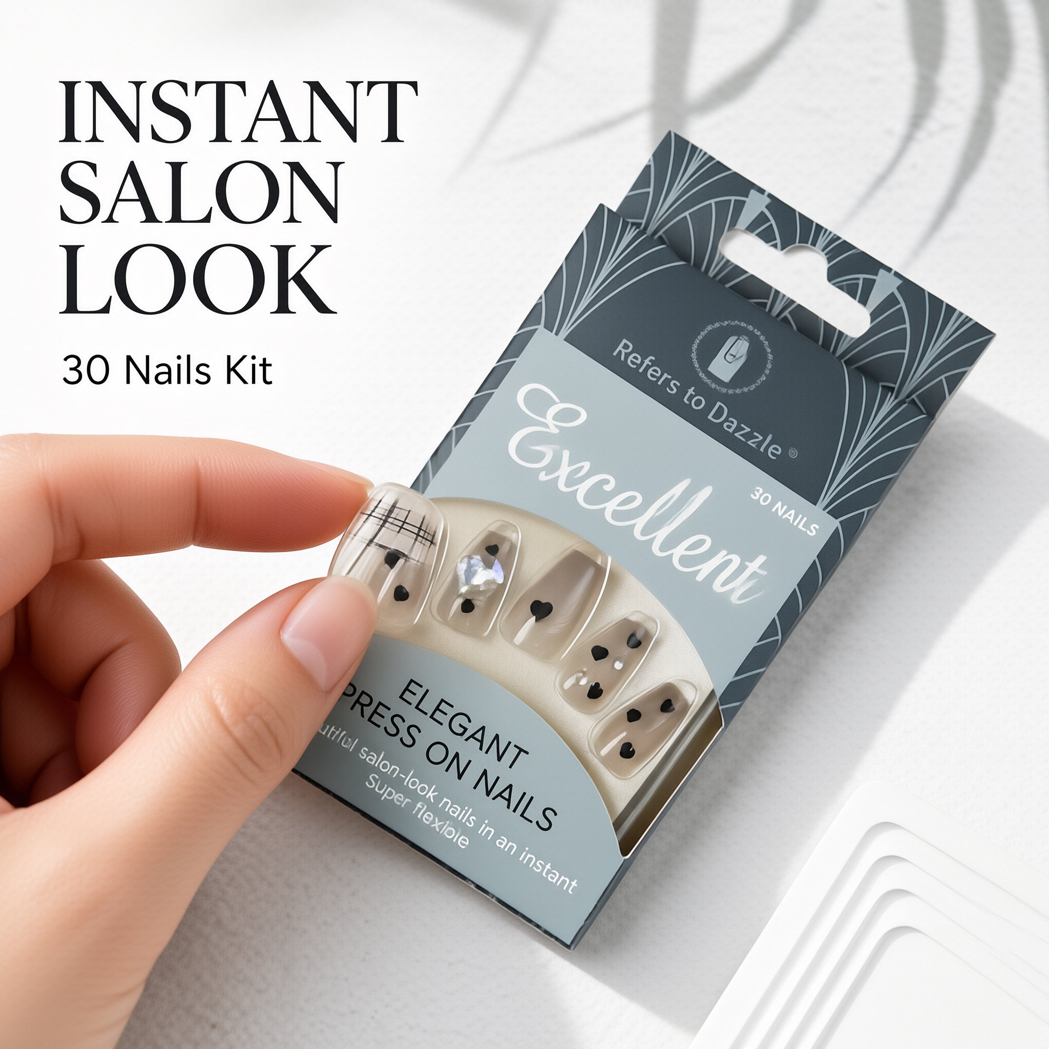 30Pcs Press-On False Nail Set, Boxed with Full Accessories, Long Coffin Shape Nail Tips, Rhinestone/Printed Design, Reusable view 6
