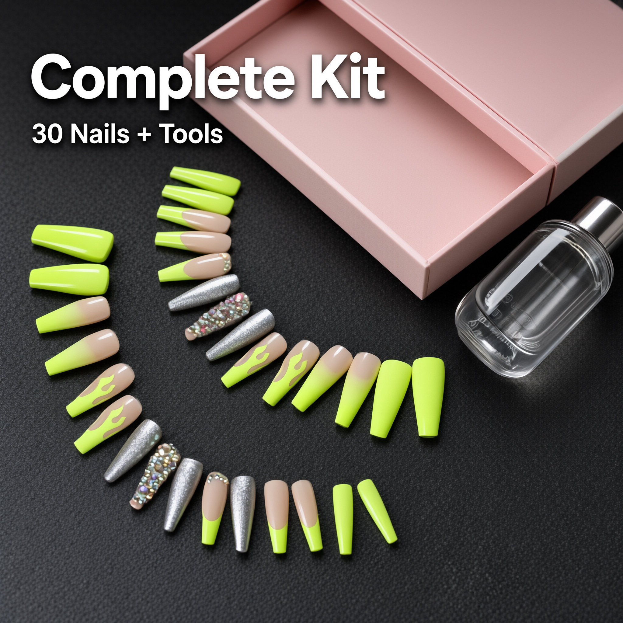 Long Coffin Press On Nails Kit 30Pcs Full Cover Fake Nails Reusable False Nails With Adhesive Tabs Nail File Stick Nail Art Gift Set