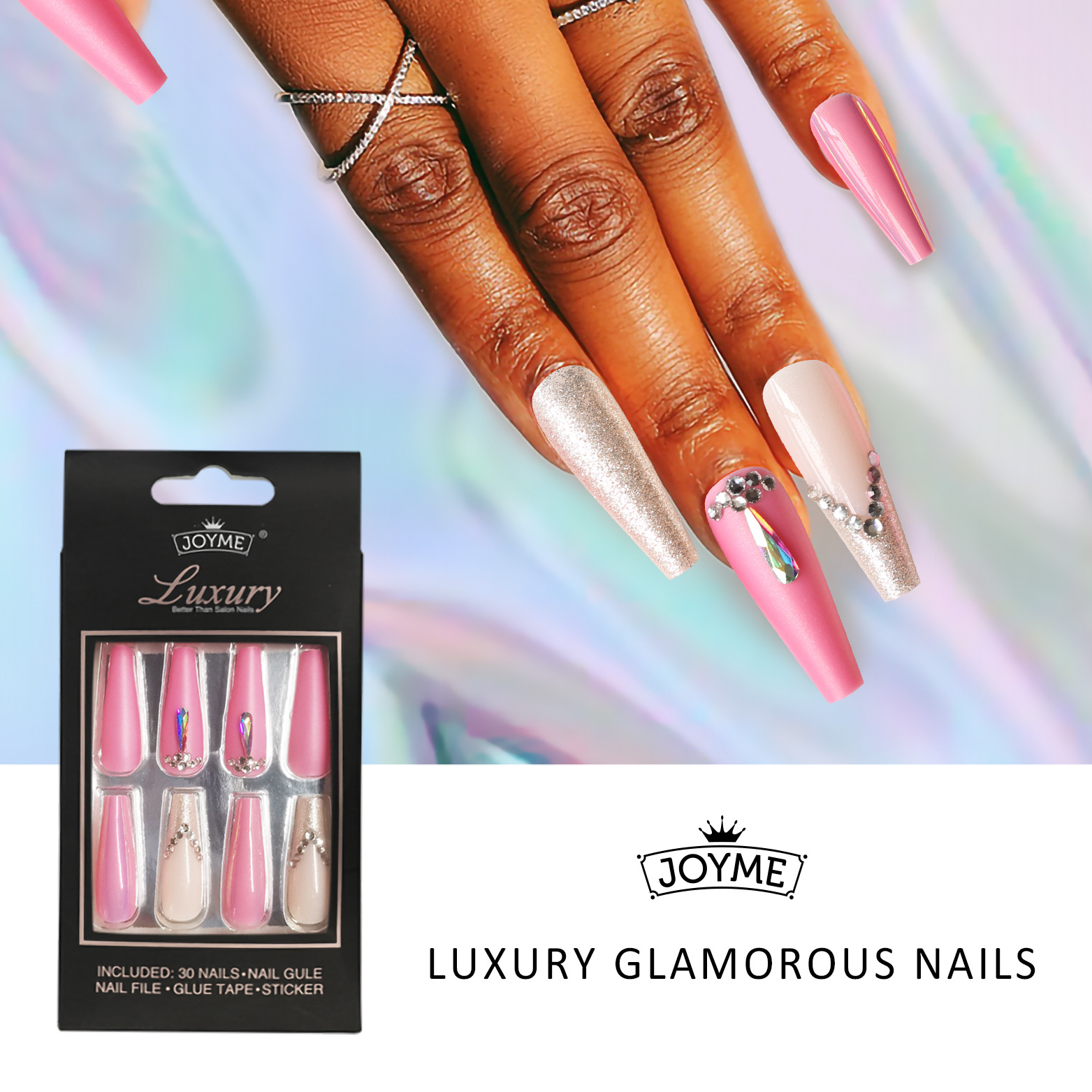 30Pcs Press-On False Nail Set, Boxed with Full Accessories, Long Coffin Shape Nail Tips, Rhinestone/Printed Design, Reusable view 7