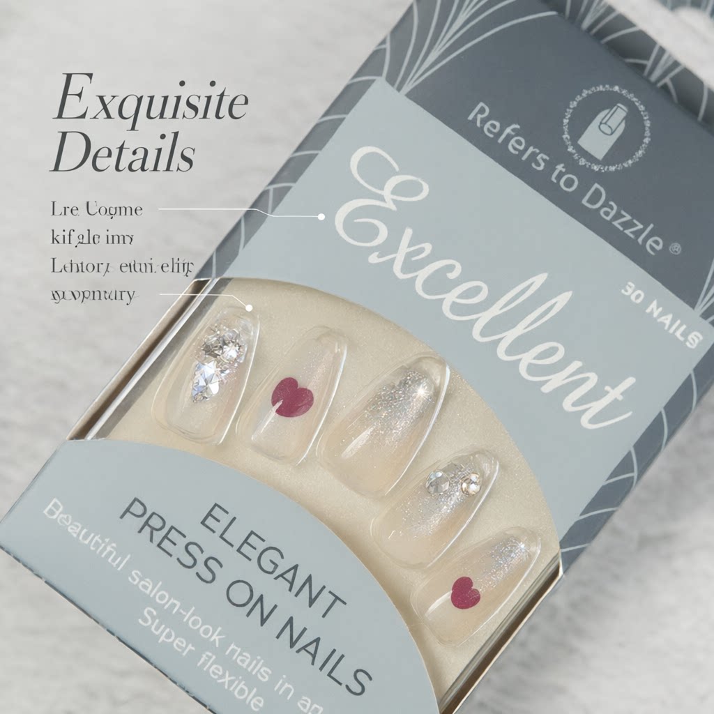 30Pcs Press-On False Nail Set, Boxed with Full Accessories, Long Coffin Shape Nail Tips, Rhinestone/Printed Design, Reusable view 3