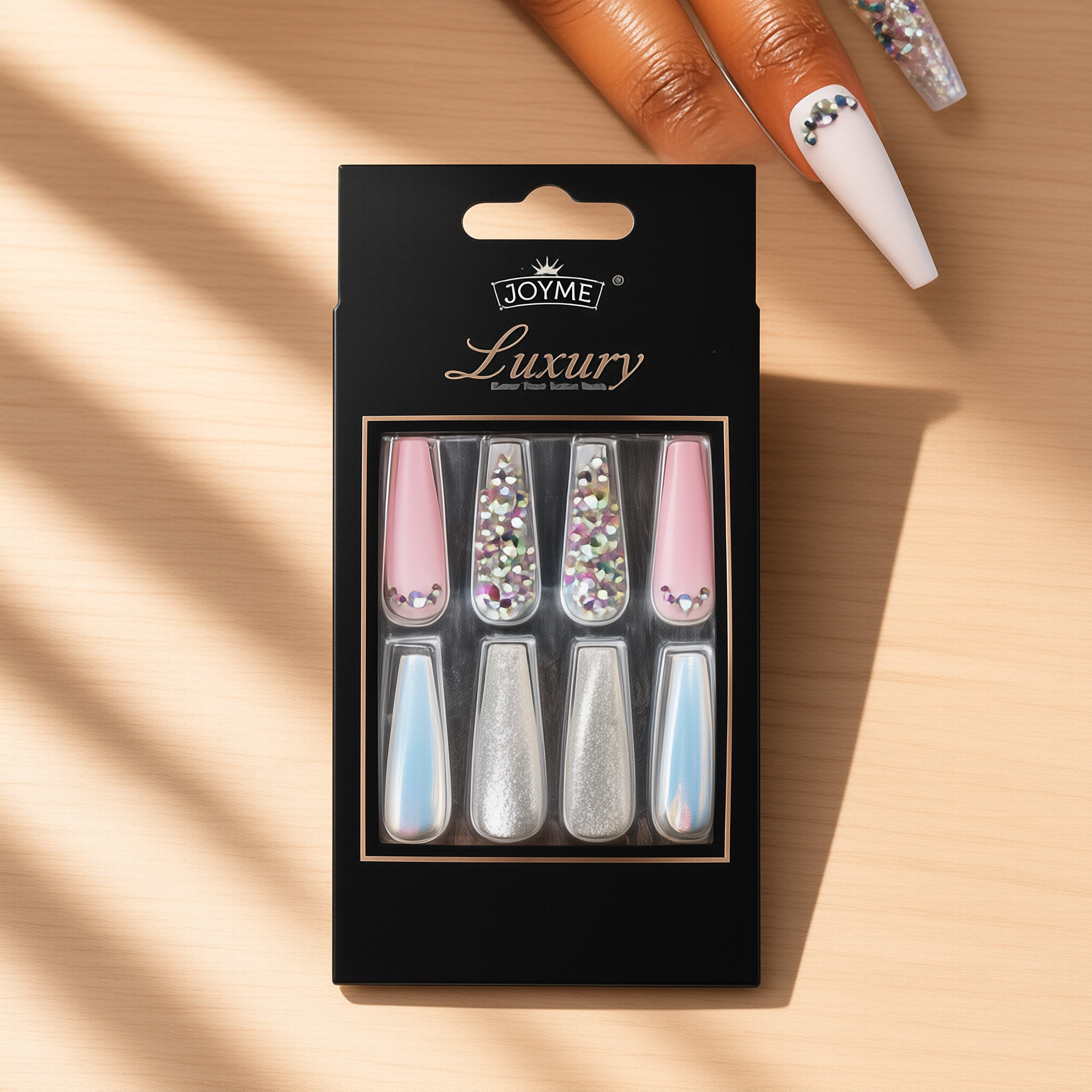 30Pcs Press-On False Nail Set, Boxed with Full Accessories, Long Coffin Shape Nail Tips, Rhinestone/Printed Design, Reusable view 4