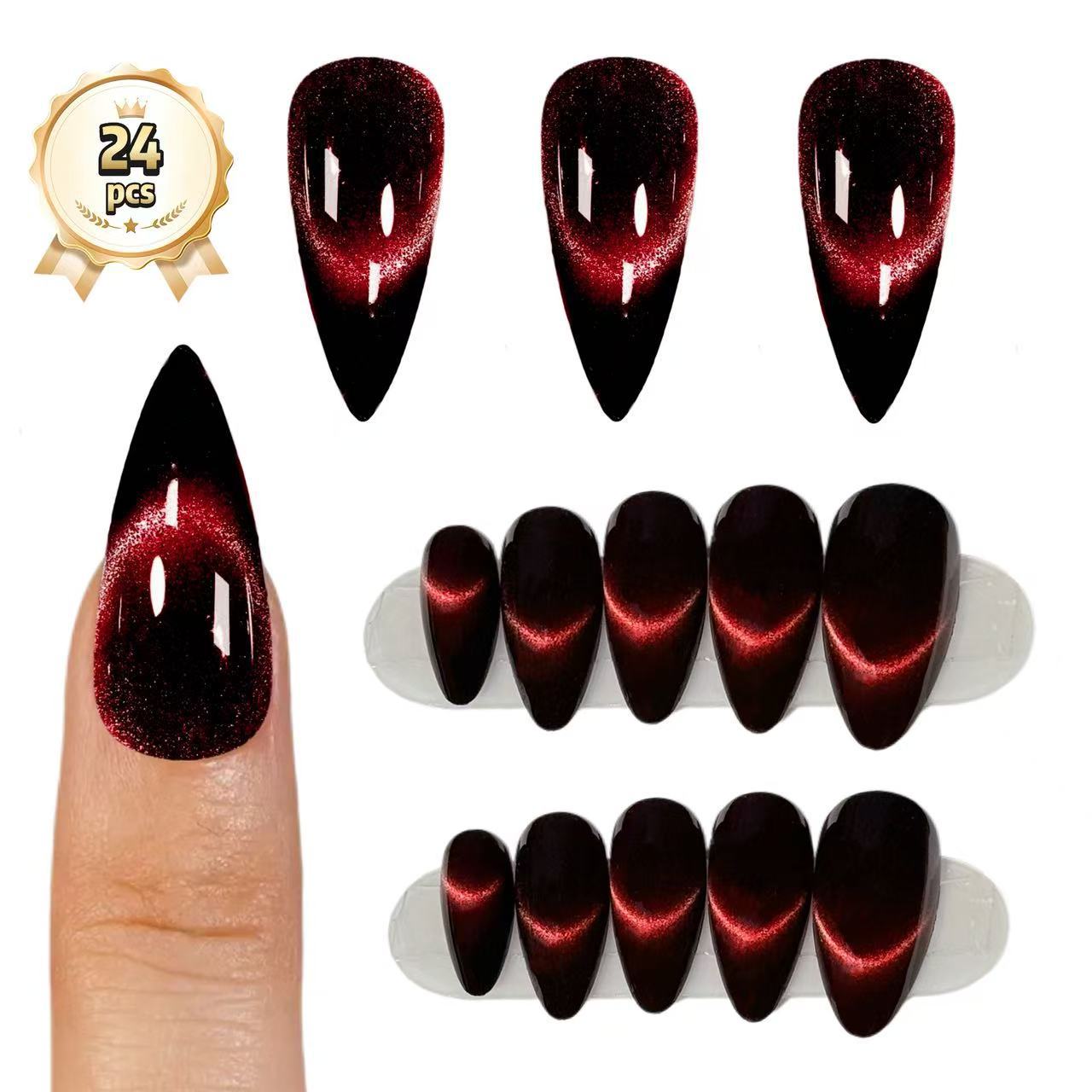 24Pcs New Fall Winter Black Red Smile Line Cat Eye Press On Nails, Sparkly Luxury Minimalist Medium Square False Nails for Women view 7