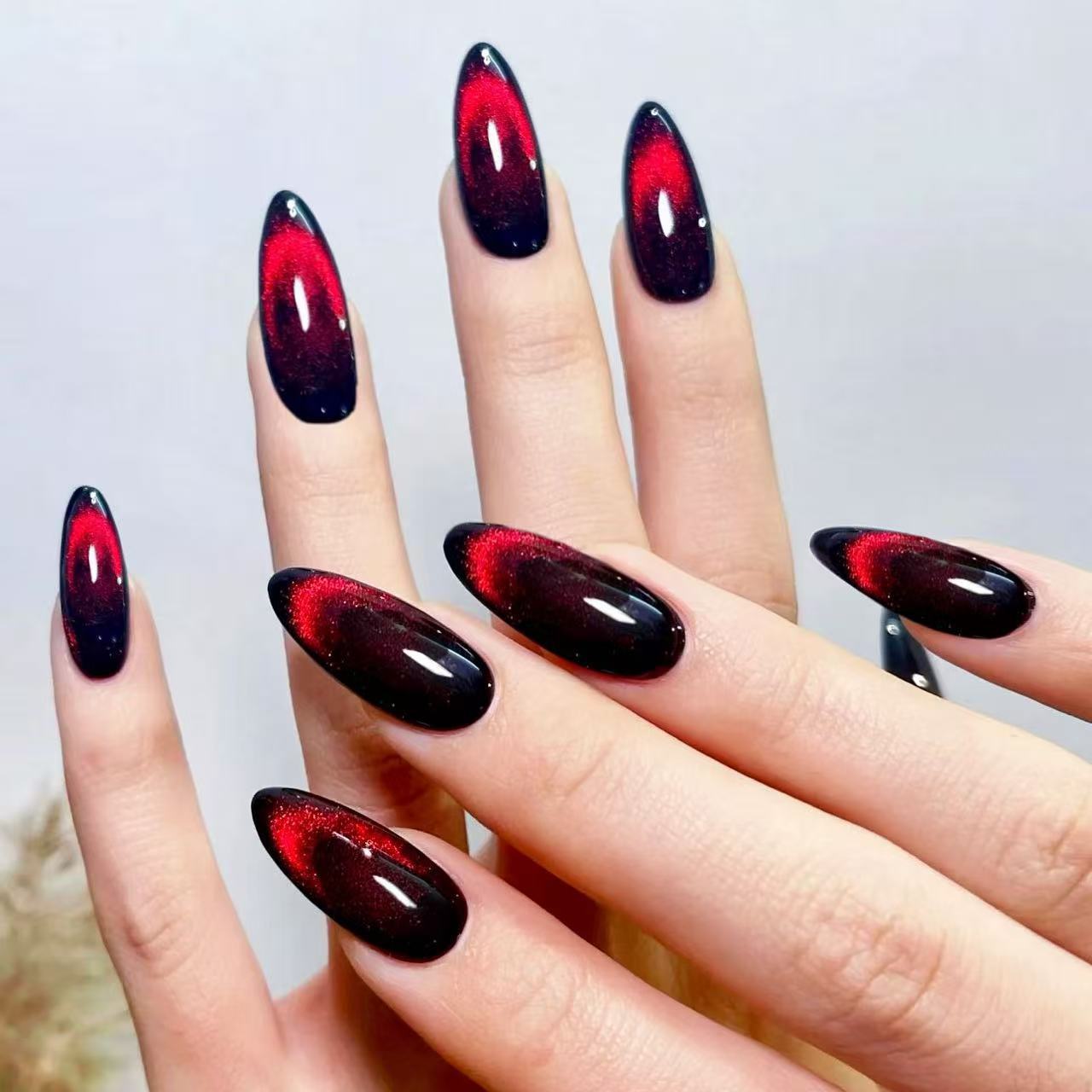24Pcs New Fall Winter Black Red Smile Line Cat Eye Press On Nails, Sparkly Luxury Minimalist Medium Square False Nails for Women view 6