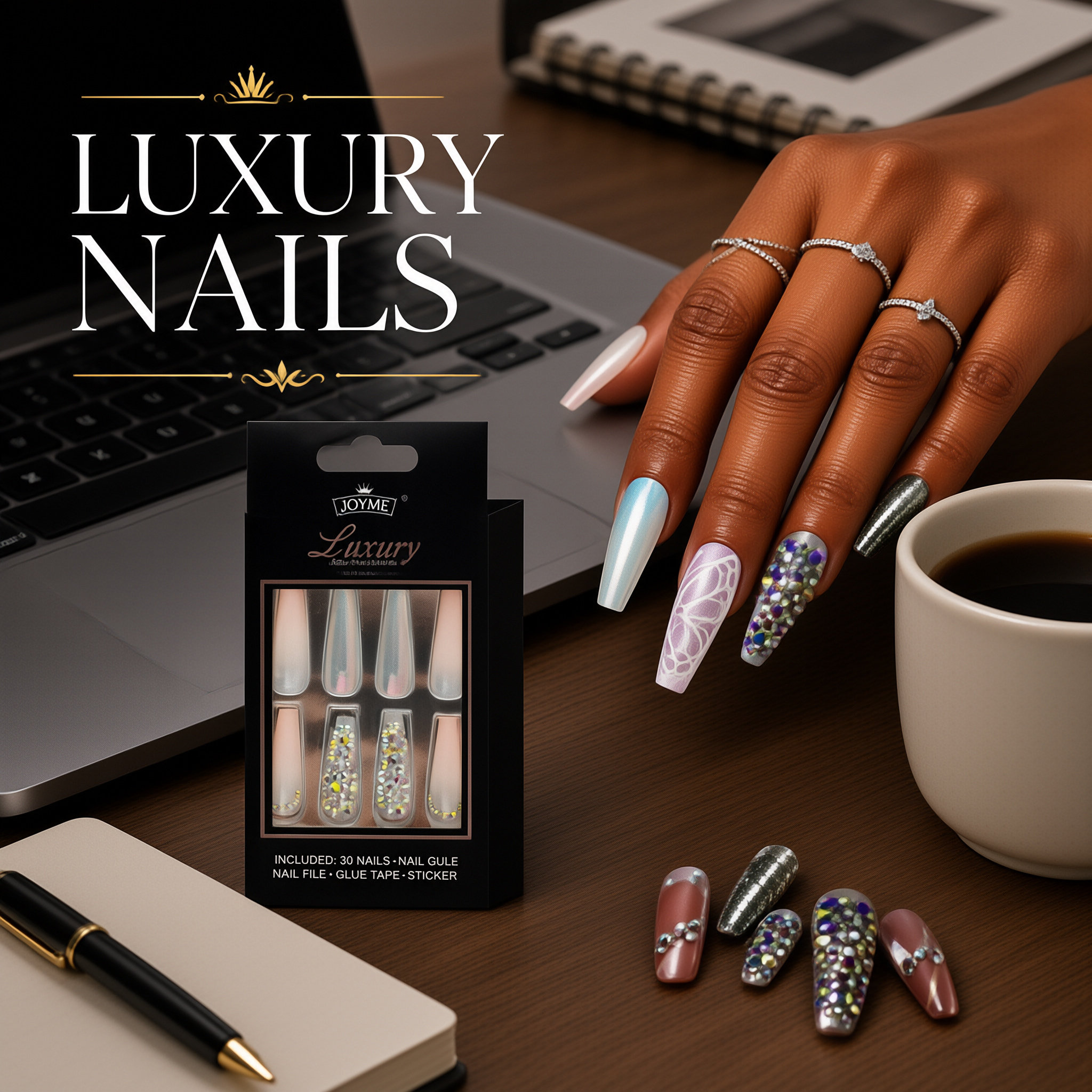 30Pcs Press-On False Nail Set, Boxed with Full Accessories, Long Coffin Shape Nail Tips, Rhinestone/Printed Design, Reusable view 5