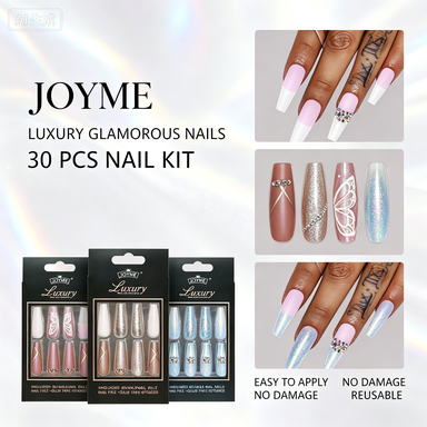 30Pcs Press-On False Nail Set, Boxed with Full Accessories, Long Coffin Shape Nail Tips, Rhinestone/Printed Design, Reusable view 2