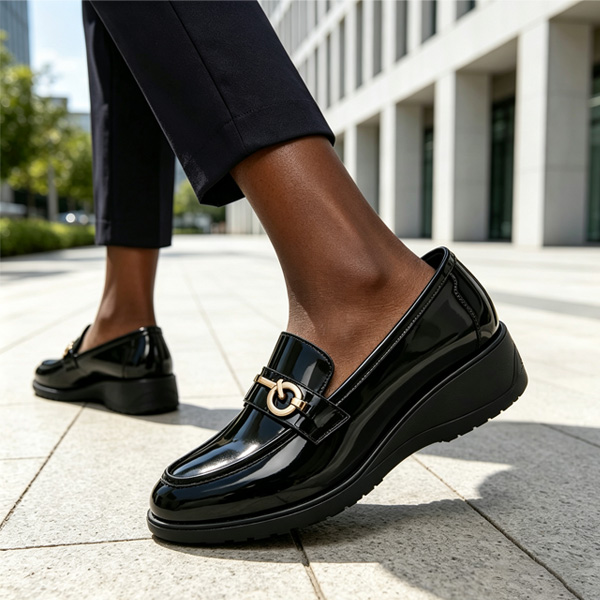 TANA Women Loafers Shoes 1937-08 Wedge Heel Patent Leather Office Lady Work Footwear Female Dress Pumps Round Toe Slip On Black Beige