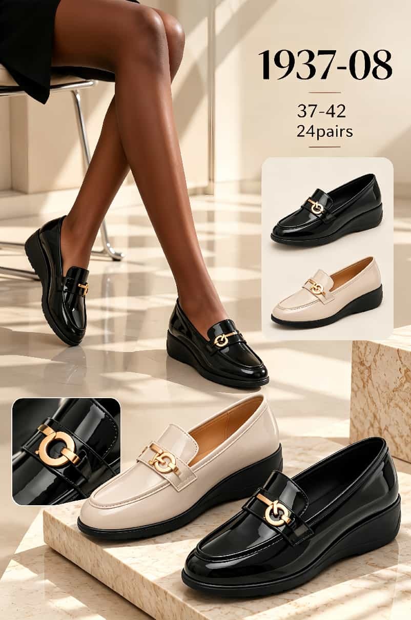 TANA Women Loafers Shoes 1937-08 Wedge Heel Patent Leather Office Lady Work Footwear Female Dress Pumps Round Toe Slip On Black Beige