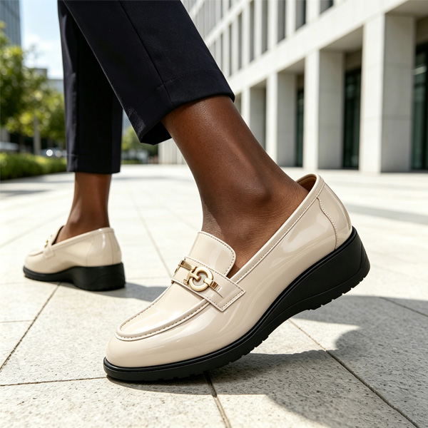 TANA Women Loafers Shoes 1937-08 Wedge Heel Patent Leather Office Lady Work Footwear Female Dress Pumps Round Toe Slip On Black Beige