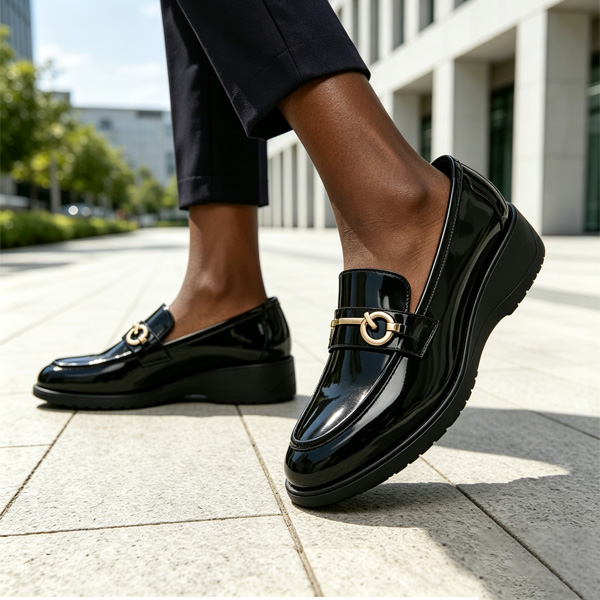 TANA Women Loafers Shoes 1937-08 Wedge Heel Patent Leather Office Lady Work Footwear Female Dress Pumps Round Toe Slip On Black Beige