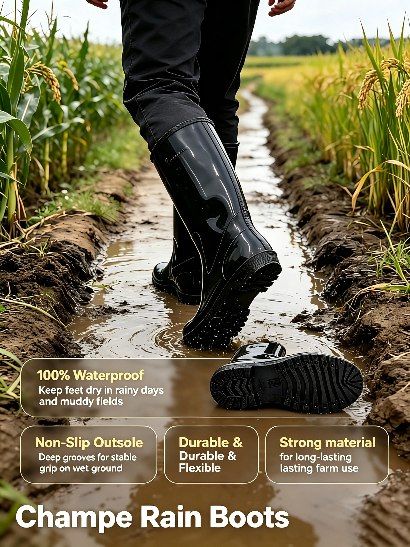 TANA Champe Gumboots Rain Boots Waterproof Garden Shoes Men Women Safety Footwear Working Mud Boots Non Slip Long Shoes Black