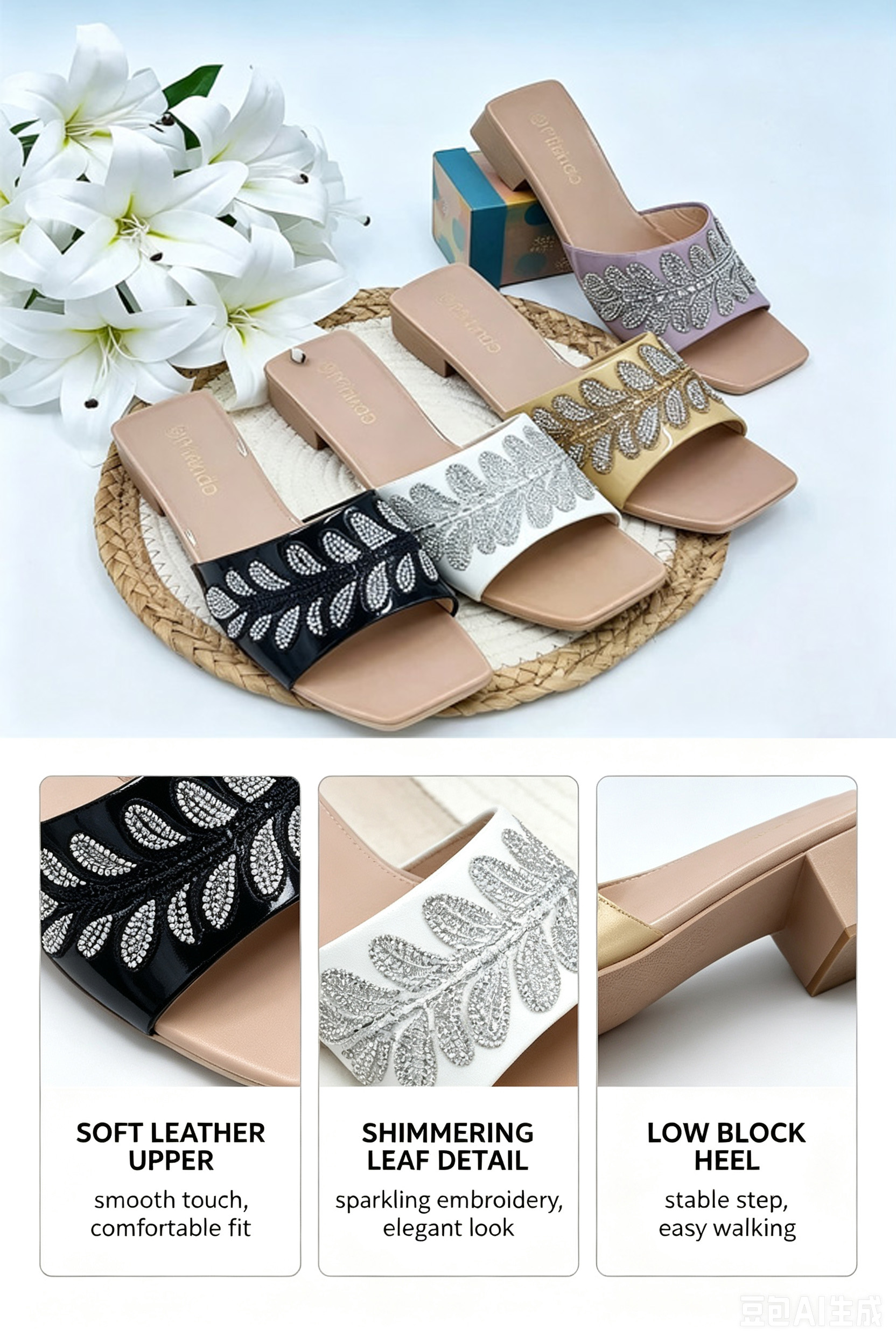 TANA Women Sandals A012-38 Low Block Heel Mules Rhinestone Dress Shoes Ladies Open Toe Slip On Slide Slippers Purple Gold White Black