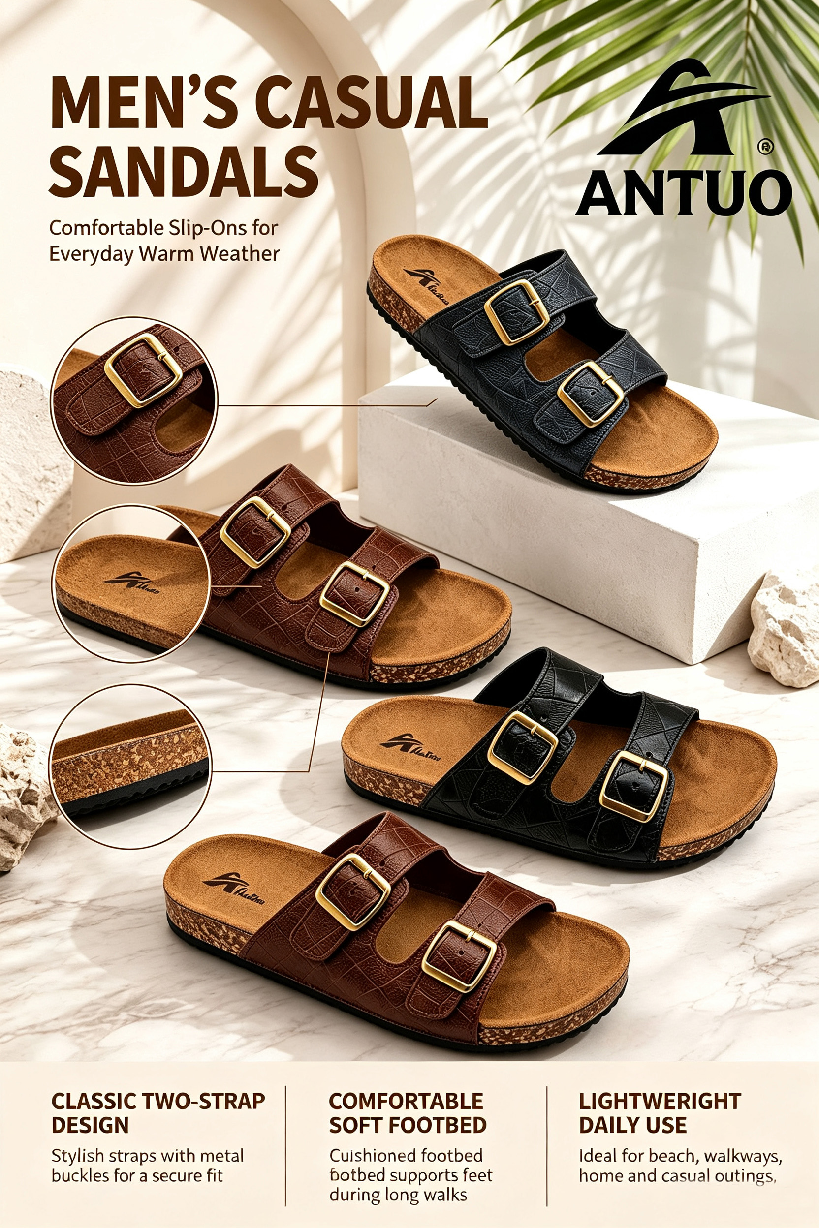TANA  ANTUO AT589-09 Men Women Sandals Crocodile Pattern Slide Slippers Female Male shoes Double Strap Buckle Shoes Casual Summer Beach Footwear Brown Black