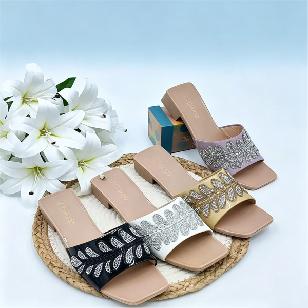 TANA Women Sandals A012-38 Low Block Heel Mules Rhinestone Dress Shoes Ladies Open Toe Slip On Slide Slippers Purple Gold White Black