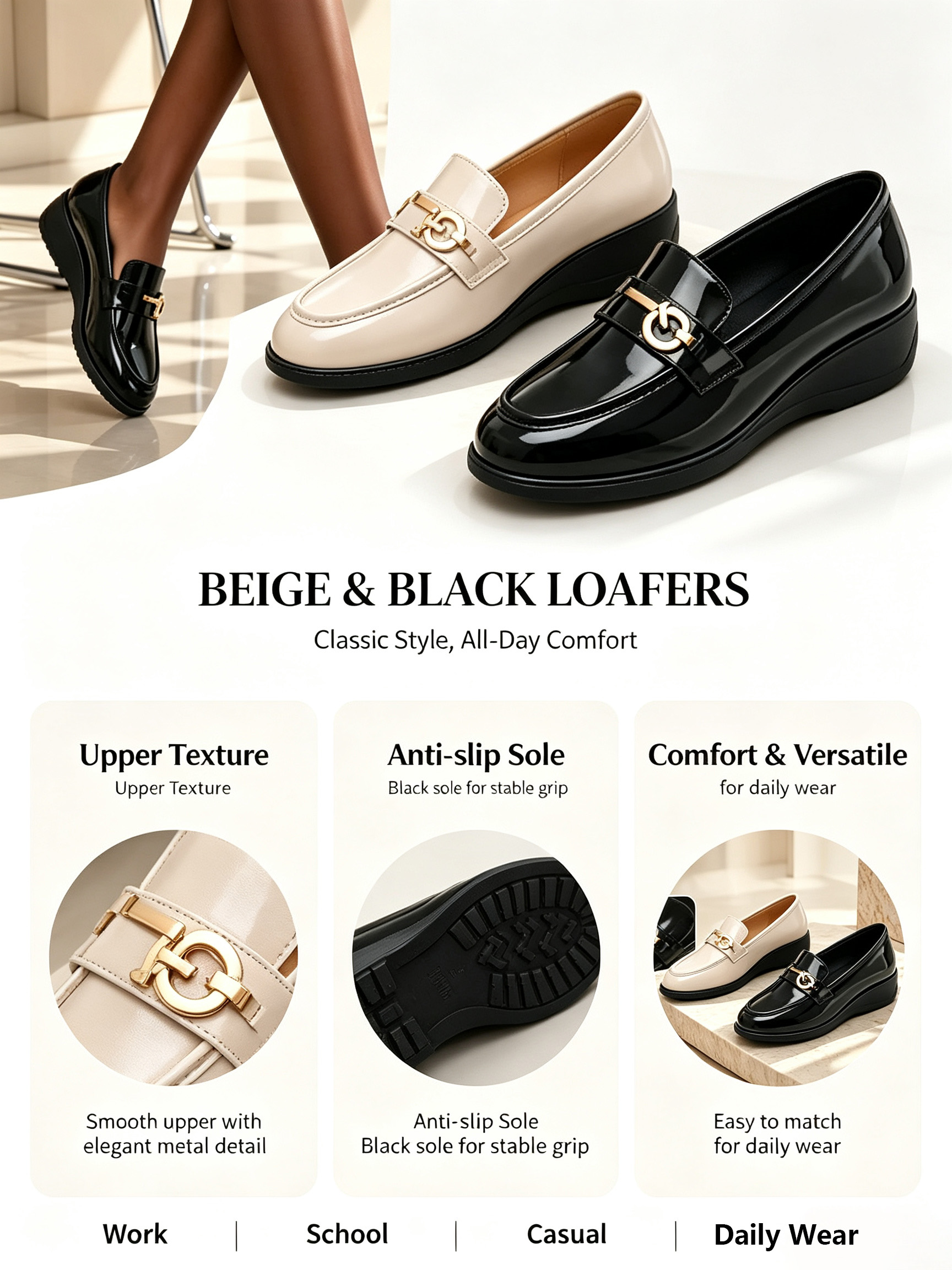 TANA Women Loafers Shoes 1937-08 Wedge Heel Patent Leather Office Lady Work Footwear Female Dress Pumps Round Toe Slip On Black Beige
