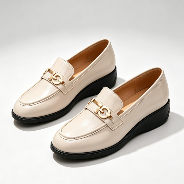 TANA Women Loafers Shoes 1937-08 Wedge Heel Patent Leather Office Lady Work Footwear Female Dress Pumps Round Toe Slip On Black Beige