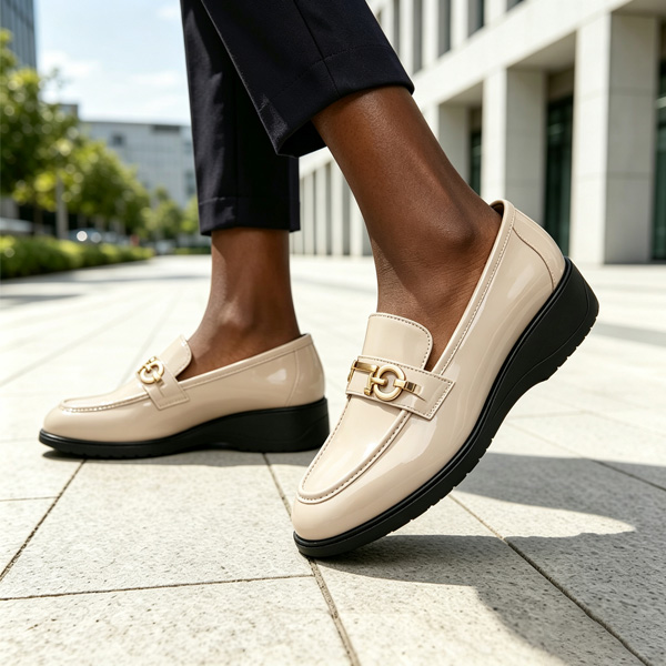 TANA Women Loafers Shoes 1937-08 Wedge Heel Patent Leather Office Lady Work Footwear Female Dress Pumps Round Toe Slip On Black Beige