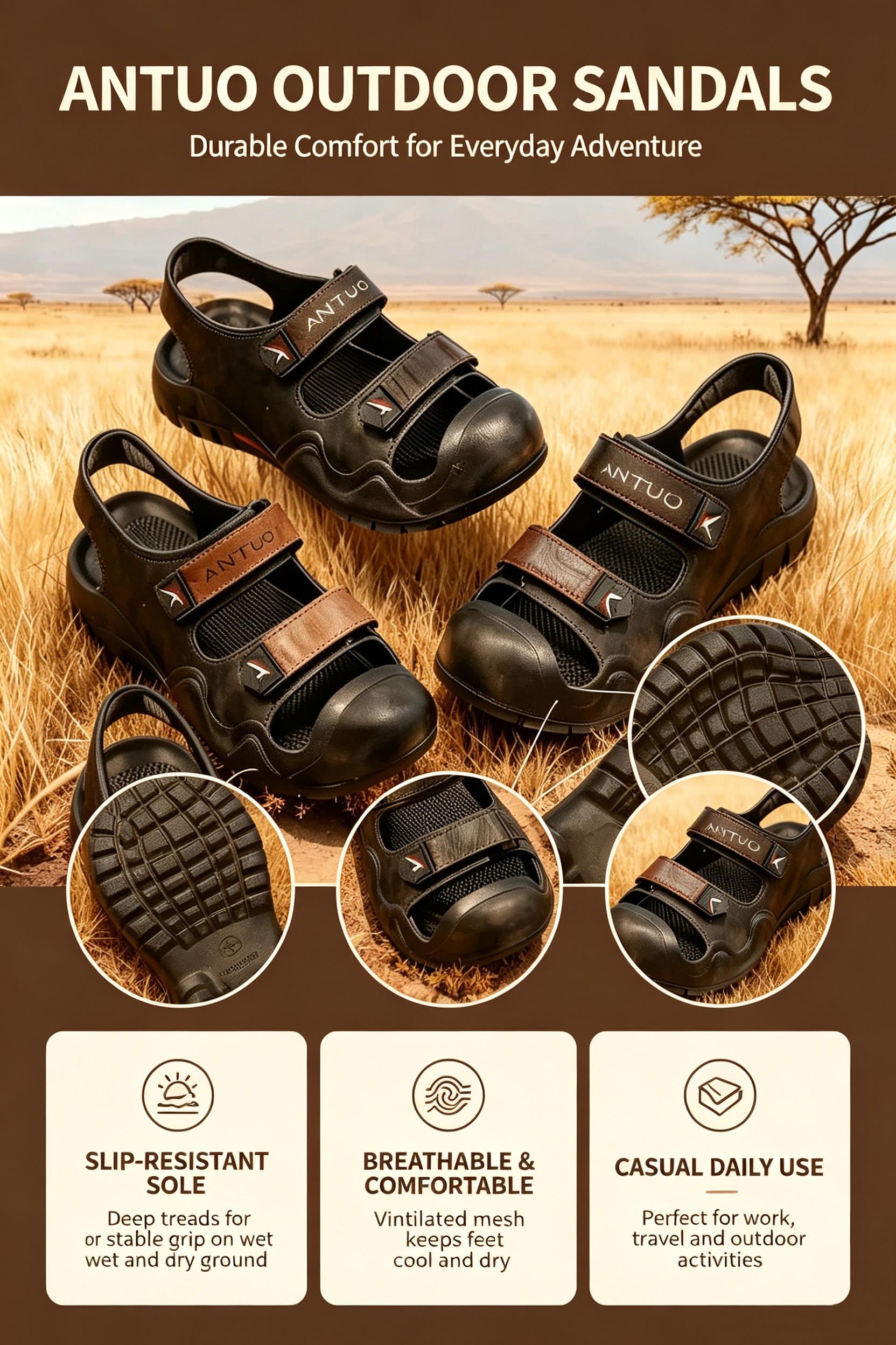 TANA ANTUO AT-585 Men Sandals Closed Toe Hook and Loop Straps Fashion Beach Shoes Male Casual Outdoor Summer Sporty Sandals Trail Walking Slippers Fisherman Brown Black