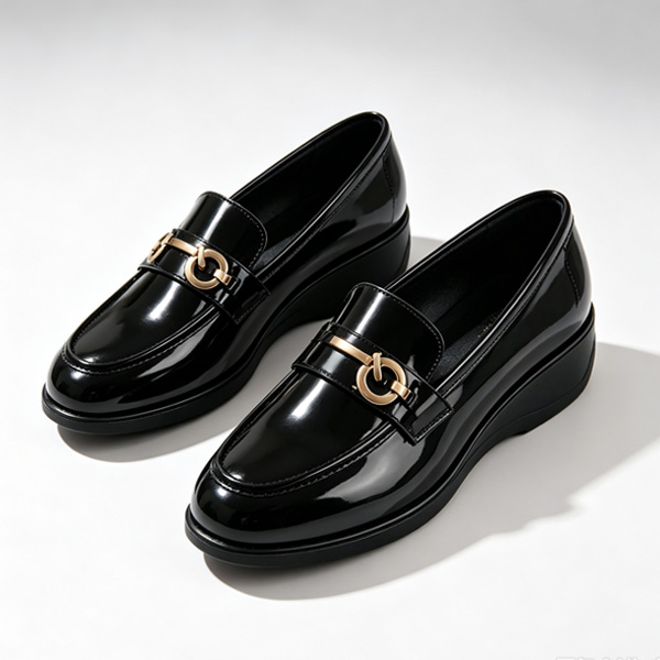 TANA Women Loafers Shoes 1937-08 Wedge Heel Patent Leather Office Lady Work Footwear Female Dress Pumps Round Toe Slip On Black Beige