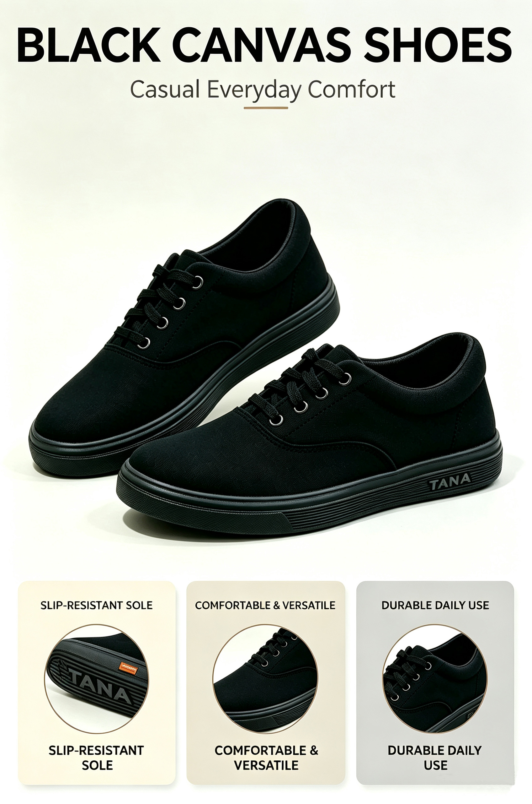 TANA 1969-03 Men Women Sneakers Black Canvas Shoes  Casual Lace Up Skate Footwear Comfortable Durable Low Top Running Walking Sport