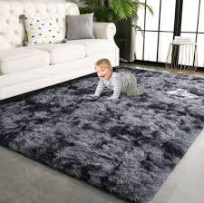 Fluffy Dark Grey Area Rug 7x8 Feet – Soft Woolen Shag Carpet with Thick Plush Texture, Cozy Non-Slip Floor Rug for Living Room, Bedroom, Lounge, Office and Modern Home Décor