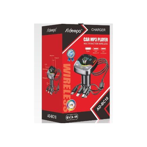 Aldeepo AD-BC10 Wireless Car MP3 Player & Charger - Black, Bluetooth, Dual USB, Type-C