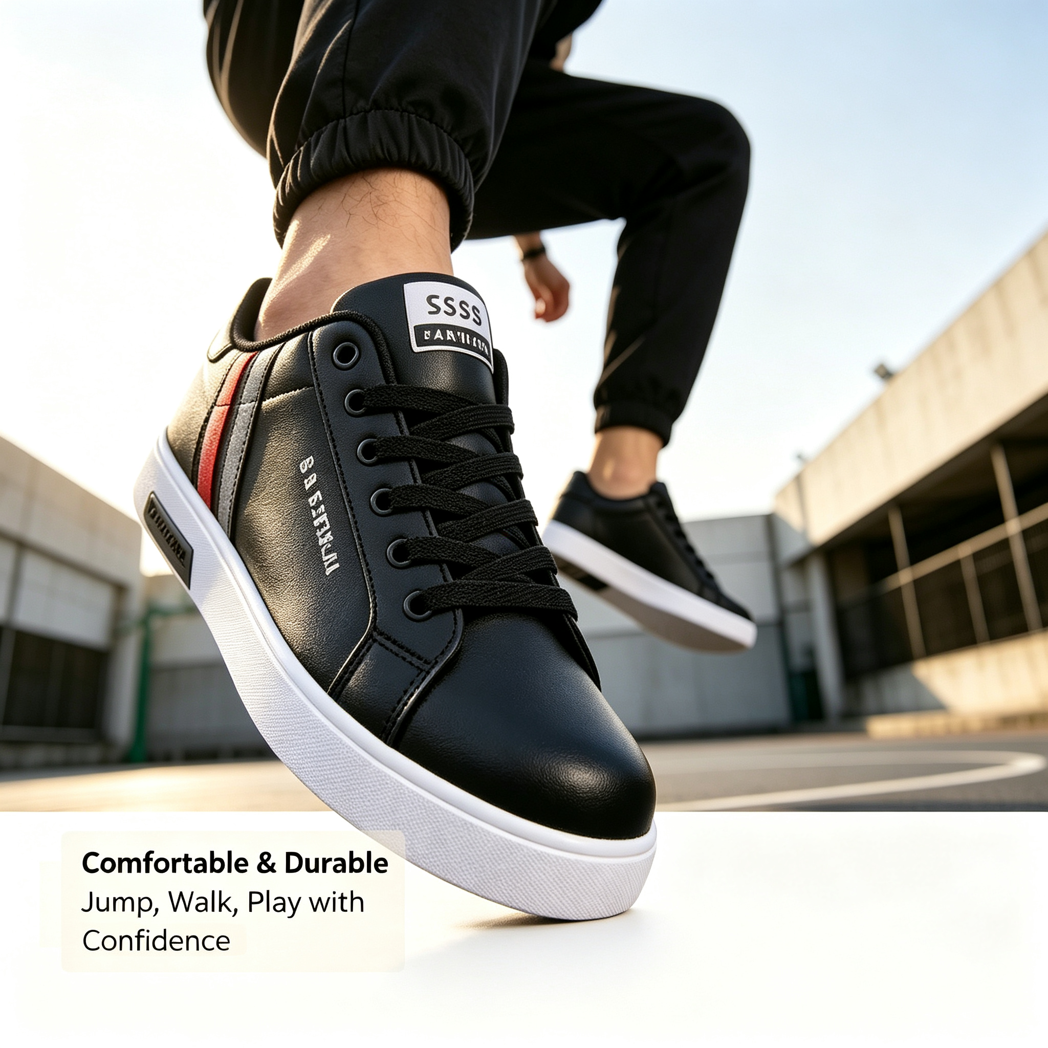 Men's PU Leather Skate Sneakers, Large Sizes 40-47, Fashion Black Casual Shoes, Daily Walking & Driving Shoes for Boys and Students.Free: 1 pair of premium sweat-wicking durable insoles