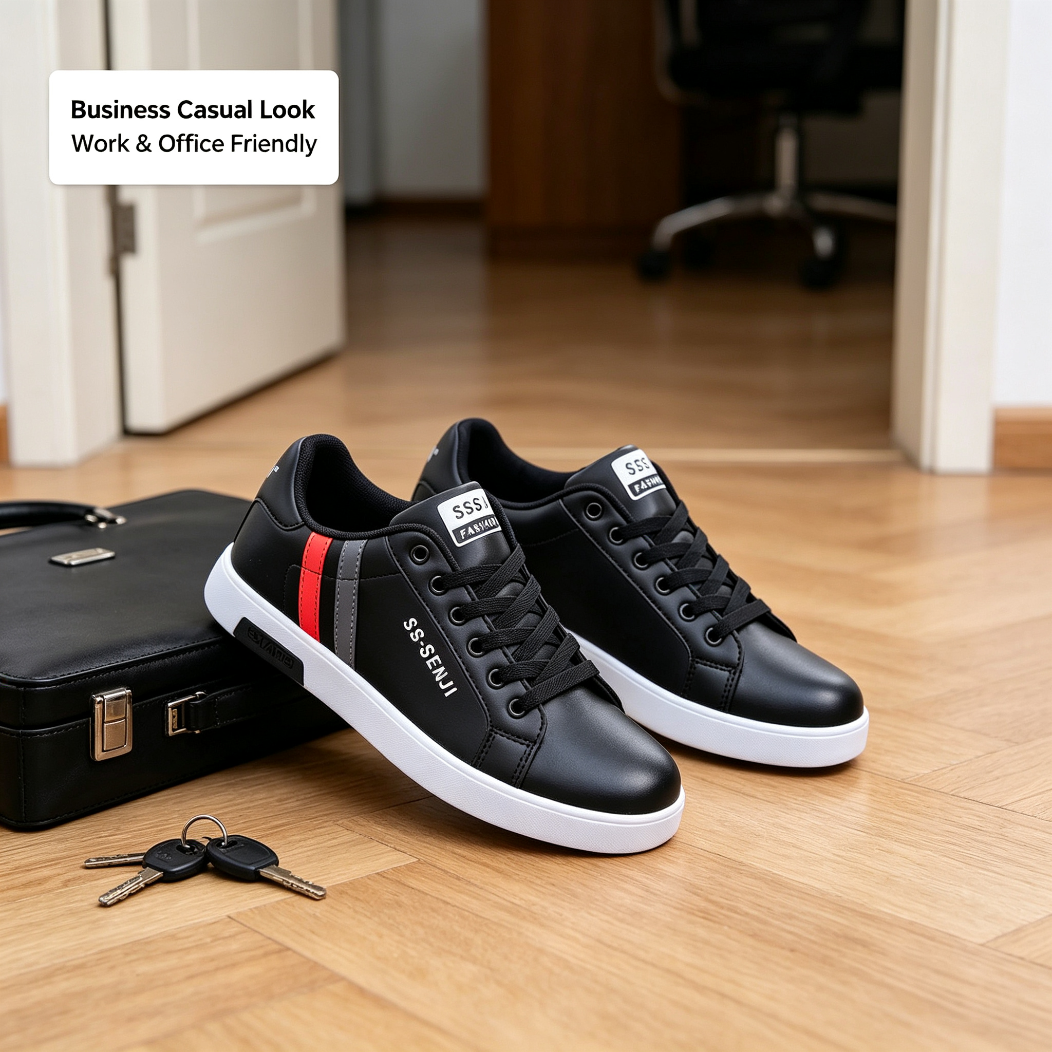 Men's PU Leather Skate Sneakers, Large Sizes 40-47, Fashion Black Casual Shoes, Daily Walking & Driving Shoes for Boys and Students.Free: 1 pair of premium sweat-wicking durable insoles