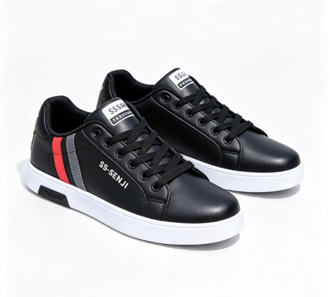 Men's PU Leather Skate Sneakers, Large Sizes 40-47, Fashion Black Casual Shoes, Daily Walking & Driving Shoes for Boys and Students.Free: 1 pair of premium sweat-wicking durable insoles