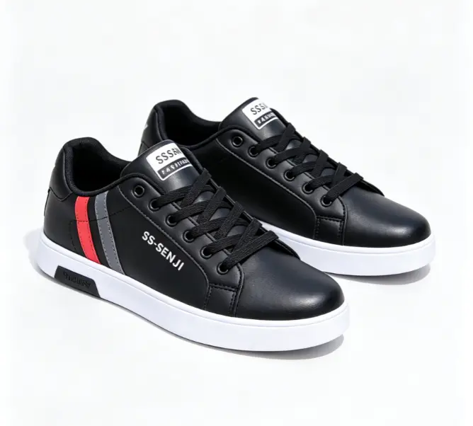 Men's PU Leather Skate Sneakers, Large Sizes 40-47, Fashion Black Casual Shoes, Daily Walking & Driving Shoes for Boys and Students.Free: 1 pair of premium sweat-wicking durable insoles