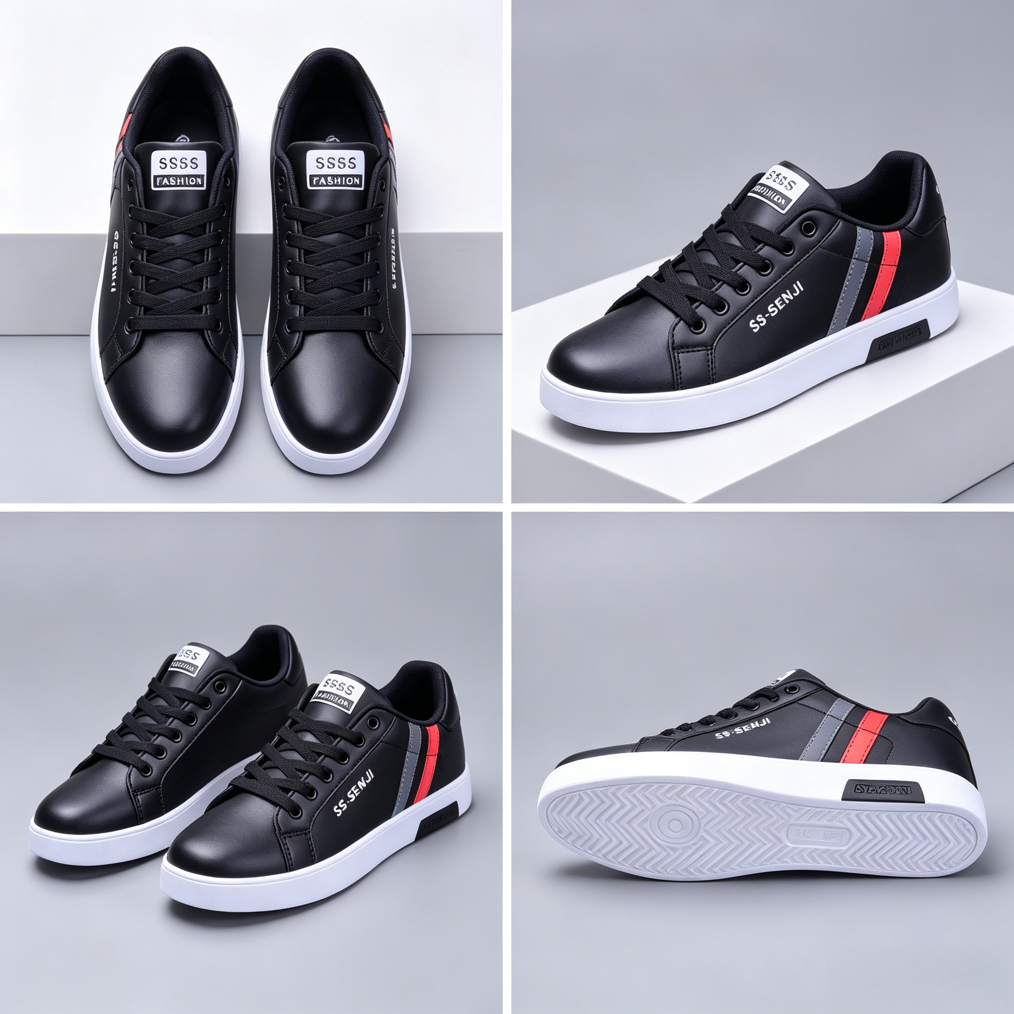 Men's PU Leather Skate Sneakers, Large Sizes 40-47, Fashion Black Casual Shoes, Daily Walking & Driving Shoes for Boys and Students.Free: 1 pair of premium sweat-wicking durable insoles