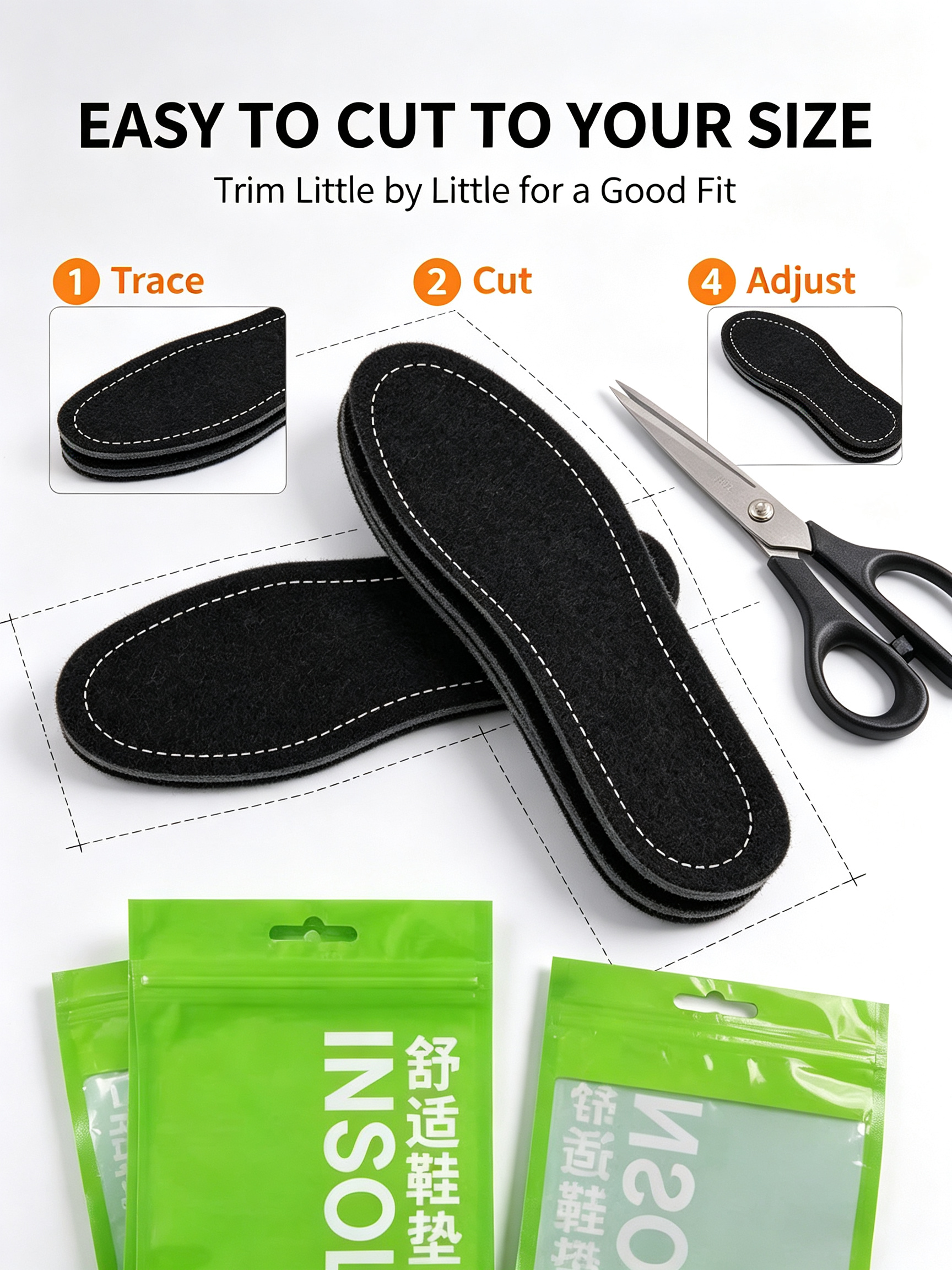 Super Comfort Breathable Felt Insoles | Sweat Wicking Durable Shoe Pads, Fits Sneakers & Leather Shoes, 2 Pair Green Pack