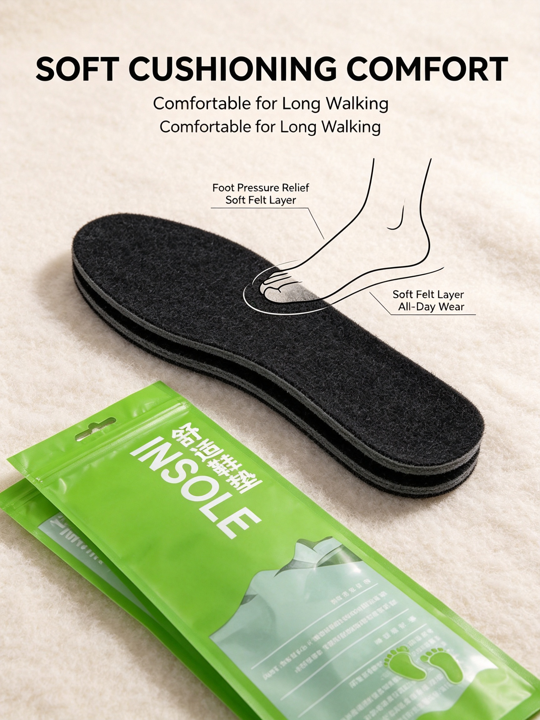 Super Comfort Breathable Felt Insoles | Sweat Wicking Durable Shoe Pads, Fits Sneakers & Leather Shoes, 2 Pair Green Pack