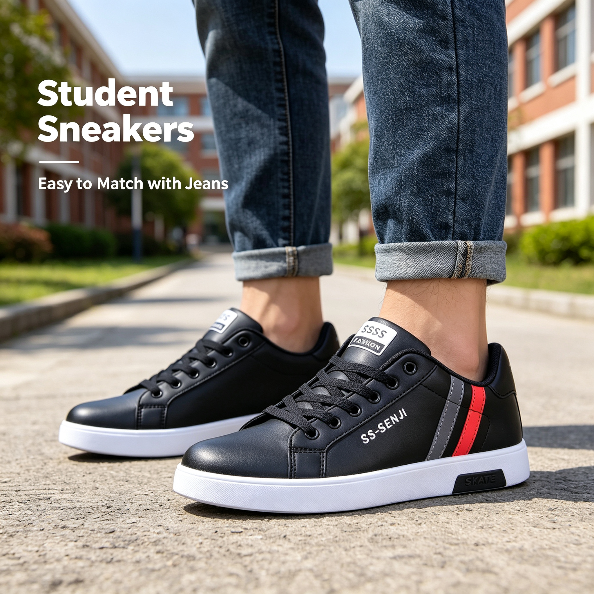 Men's PU Leather Skate Sneakers, Large Sizes 40-47, Fashion Black Casual Shoes, Daily Walking & Driving Shoes for Boys and Students.Free: 1 pair of premium sweat-wicking durable insoles