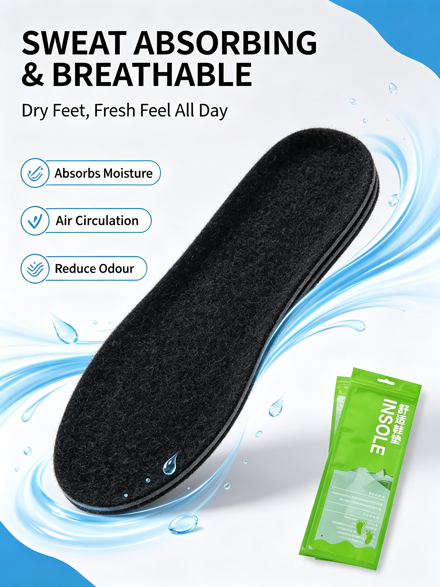 Super Comfort Breathable Felt Insoles | Sweat Wicking Durable Shoe Pads, Fits Sneakers & Leather Shoes, 2 Pair Green Pack