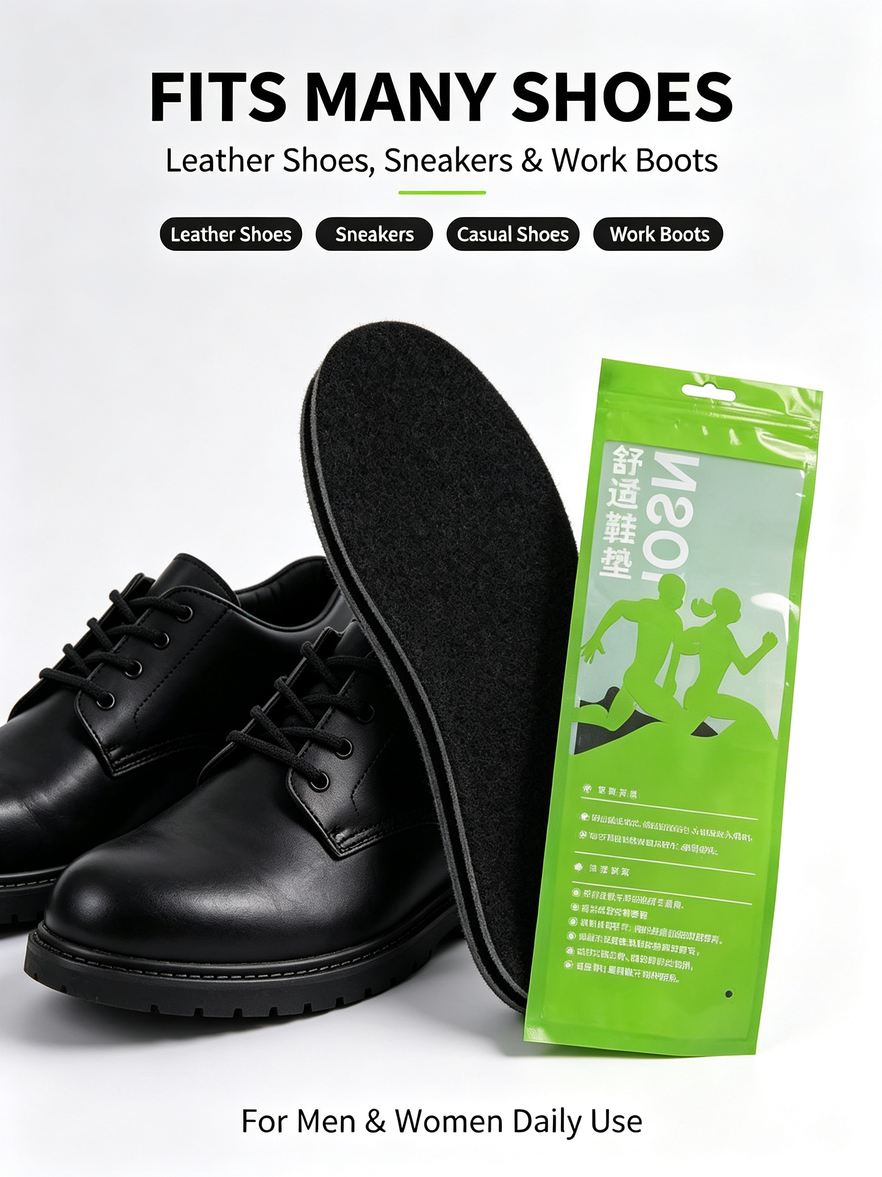 Super Comfort Breathable Felt Insoles | Sweat Wicking Durable Shoe Pads, Fits Sneakers & Leather Shoes, 2 Pair Green Pack